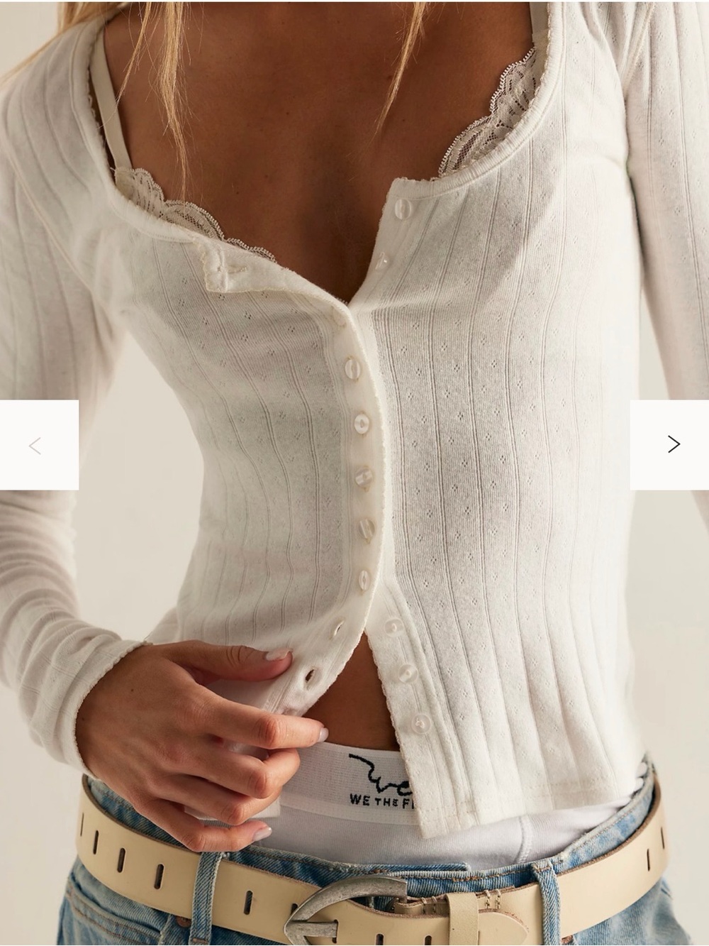 Free People White Ribbed Scoop-Neck Button-Front Top